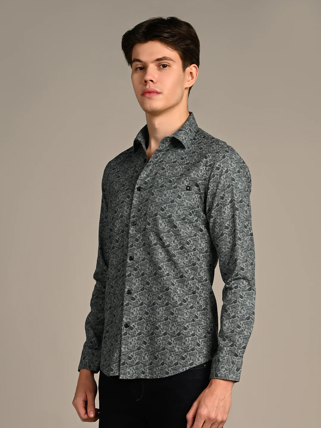 Full Sleeves Straight Fit Green All-Over Abstract Geometric Print Shirt - Image 6