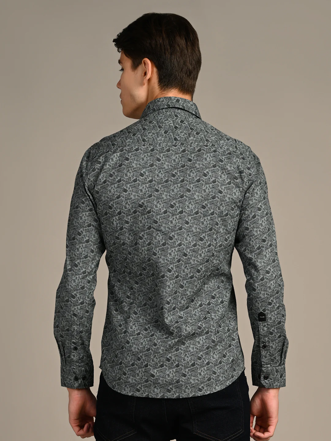 Full Sleeves Straight Fit Green All-Over Abstract Geometric Print Shirt - Image 7