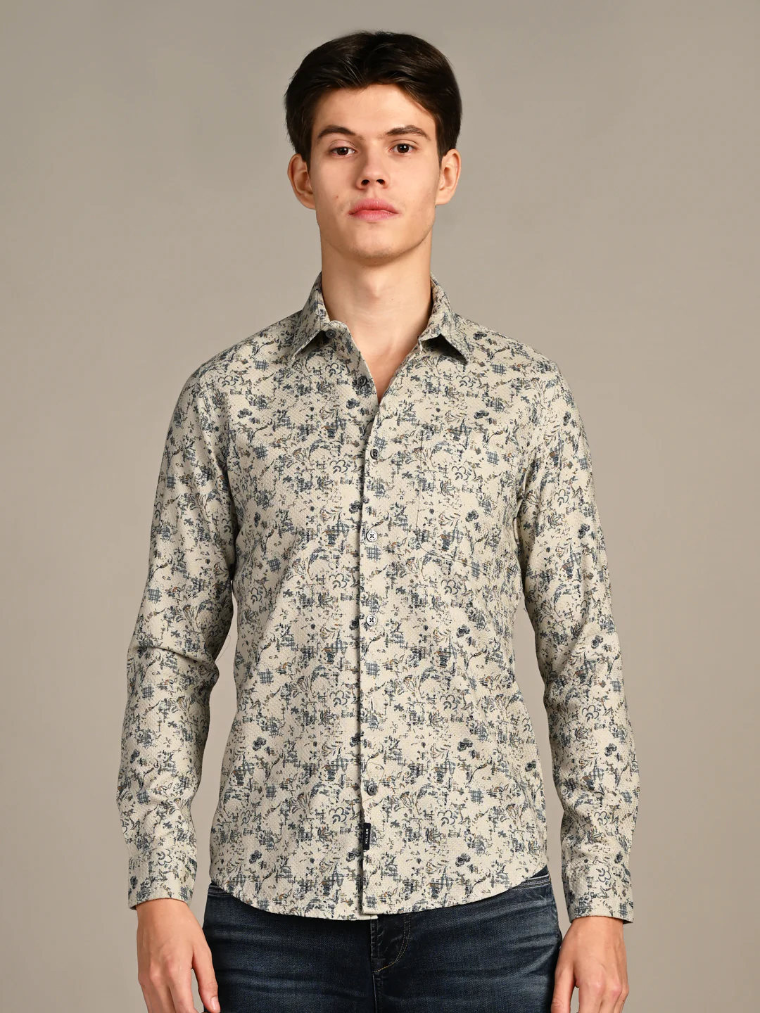 Full sleeves Slim Fit Green All-Over Distressed Botanical Dobby Print Shirt - Image 4