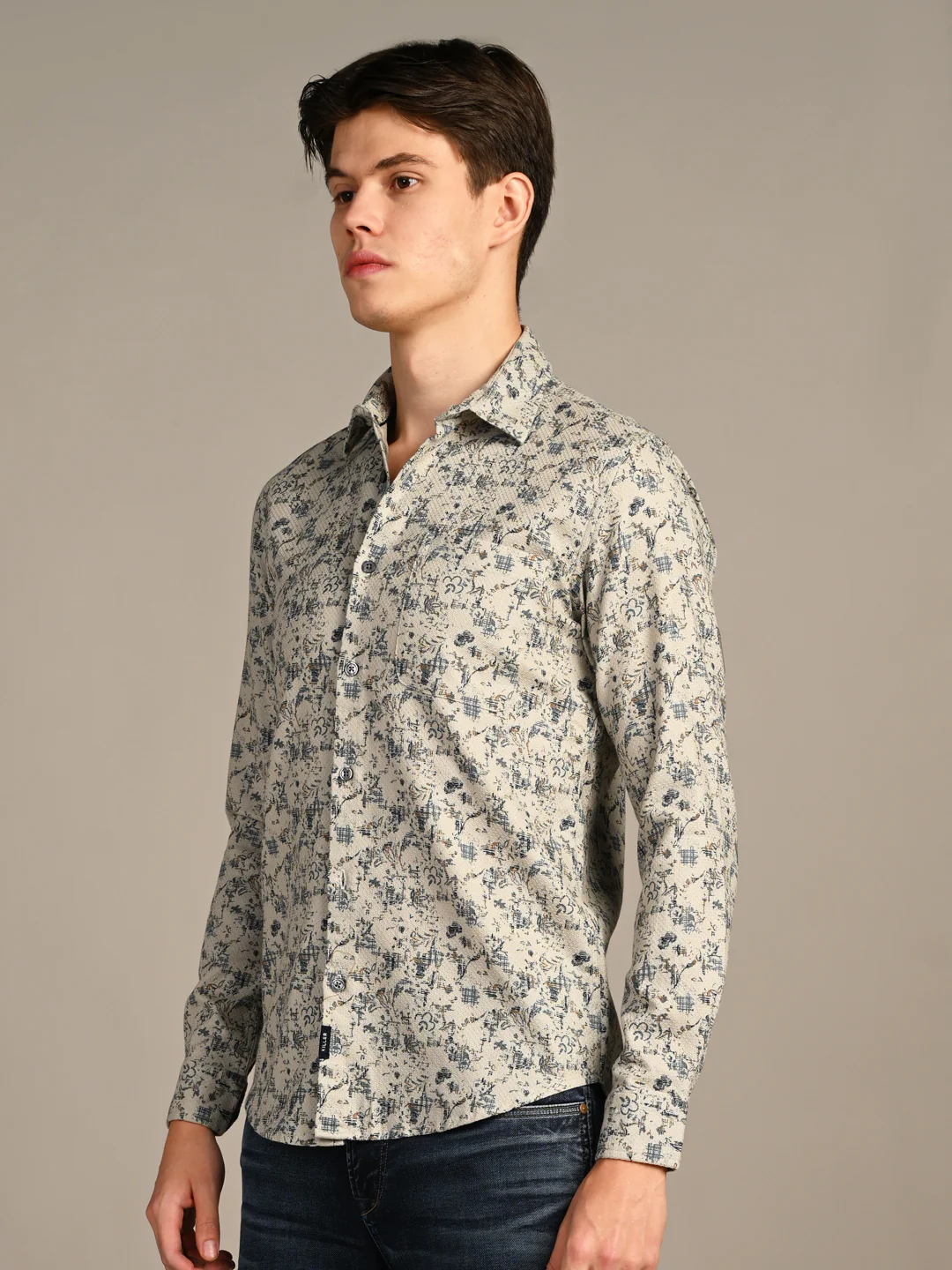Full sleeves Slim Fit Green All-Over Distressed Botanical Dobby Print Shirt - Image 5