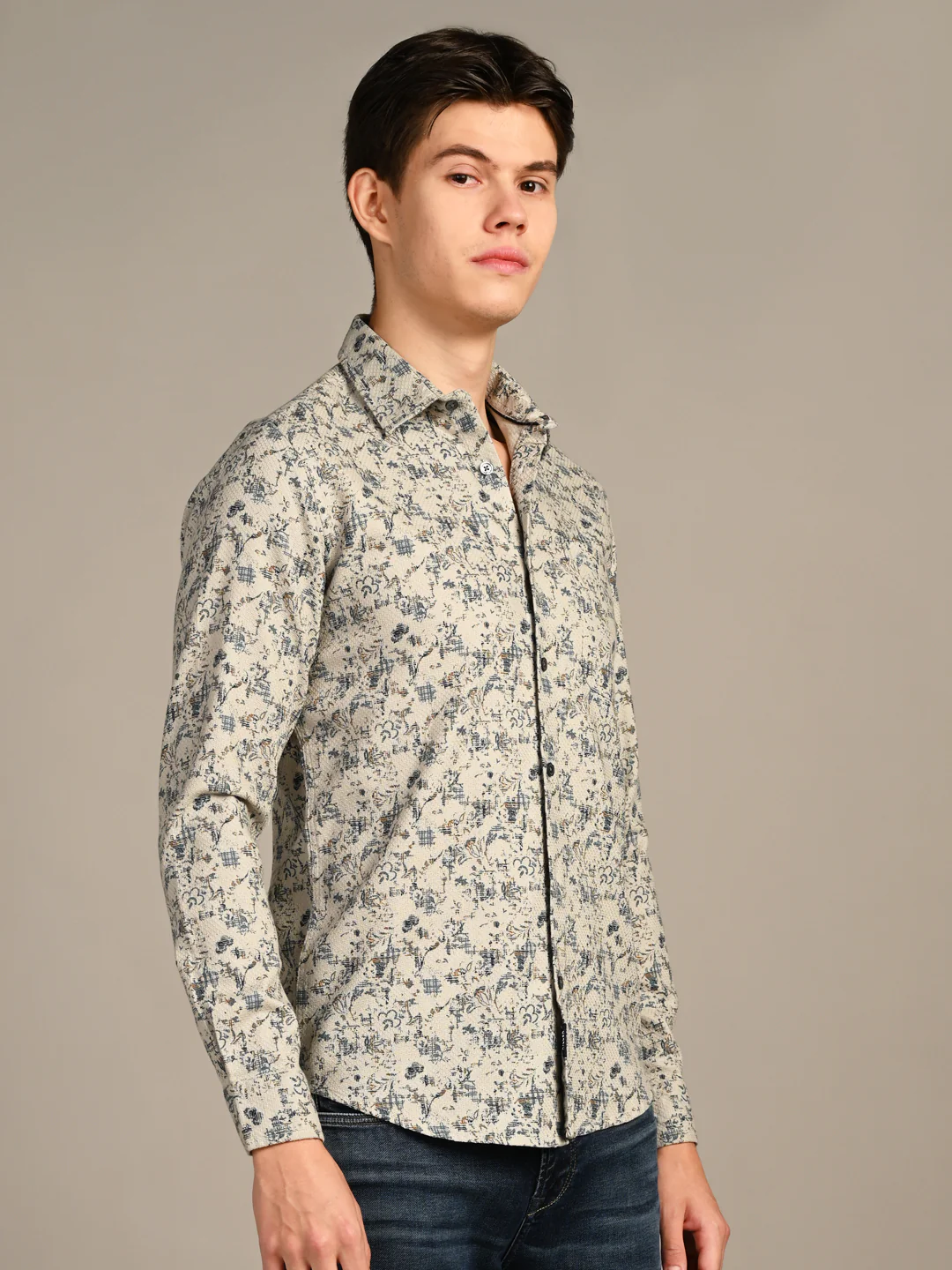 Full sleeves Slim Fit Green All-Over Distressed Botanical Dobby Print Shirt - Image 6