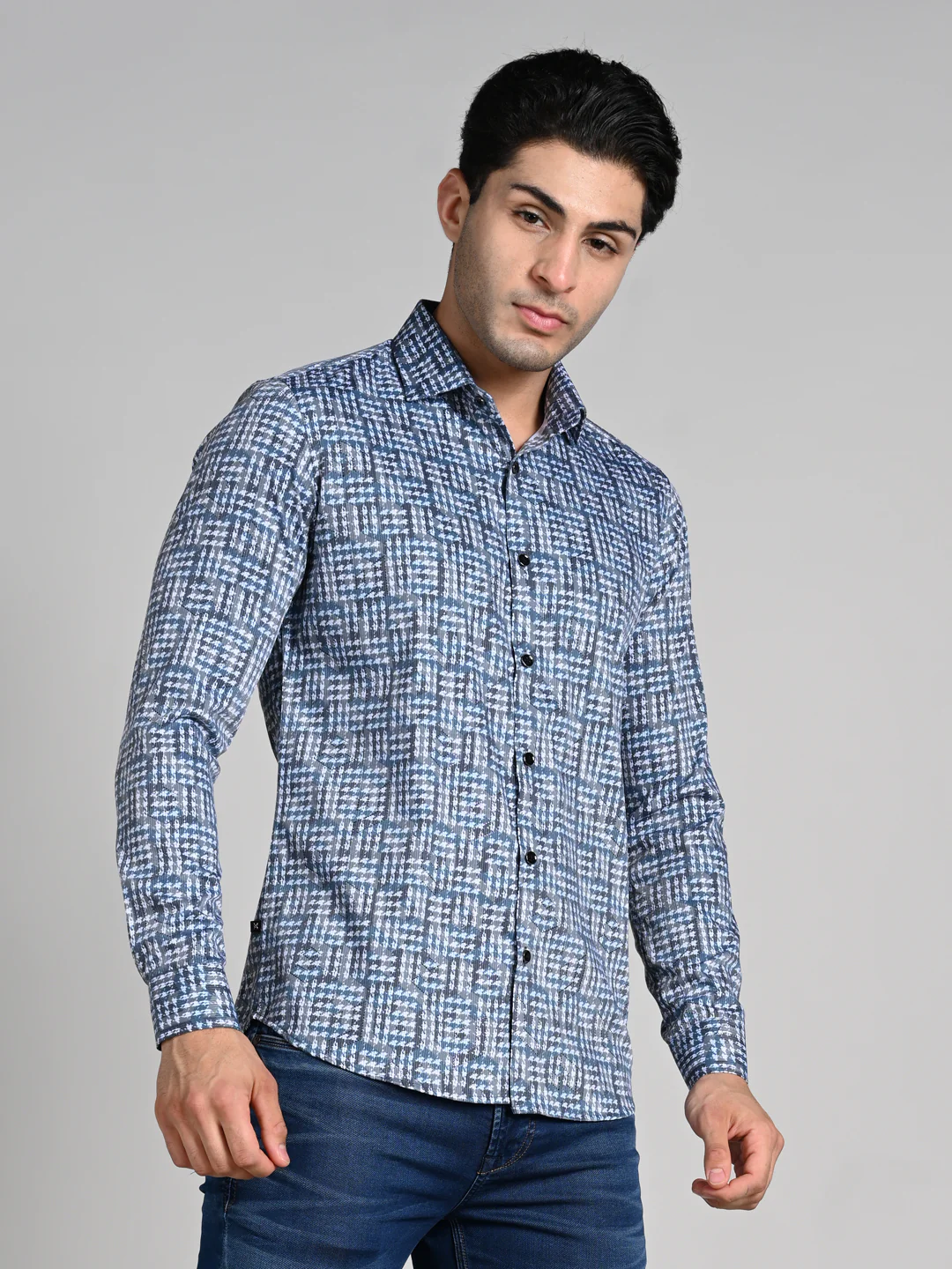 Full Sleeves Slim Fit Blue All over Abstract Houndstooth textured Print Shirt - Image 6