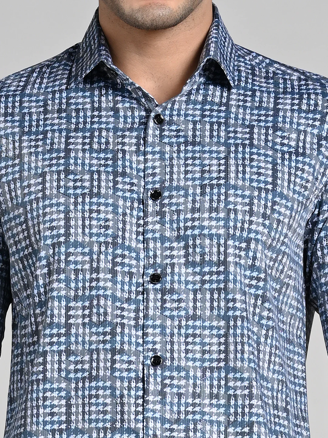 Full Sleeves Slim Fit Blue All over Abstract Houndstooth textured Print Shirt - Image 8