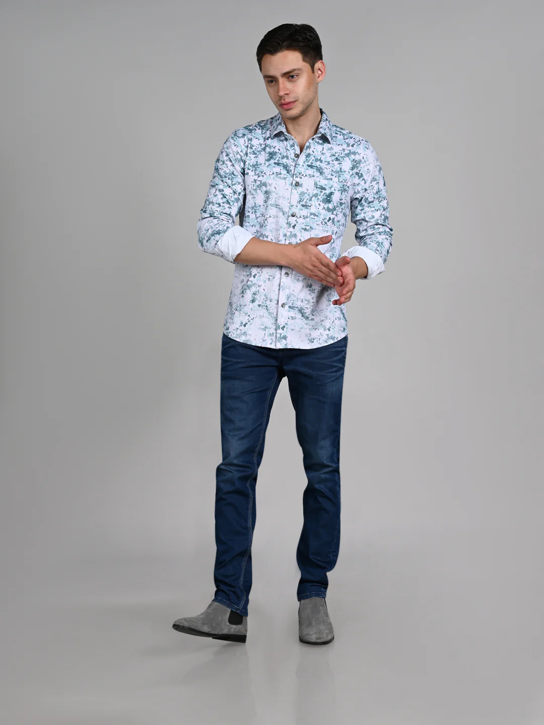 Full Sleeves Slim Fit Green All Over Digital Camou Print Knit Shirt - Image 3