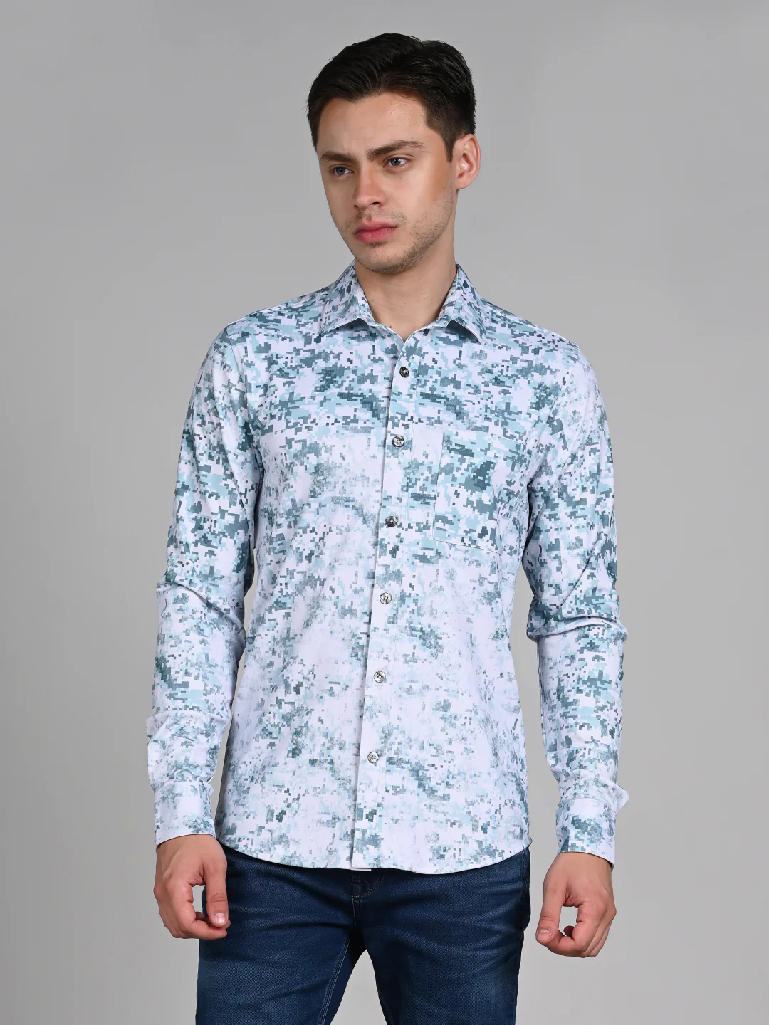 Full Sleeves Slim Fit Green All Over Digital Camou Print Knit Shirt - Image 4