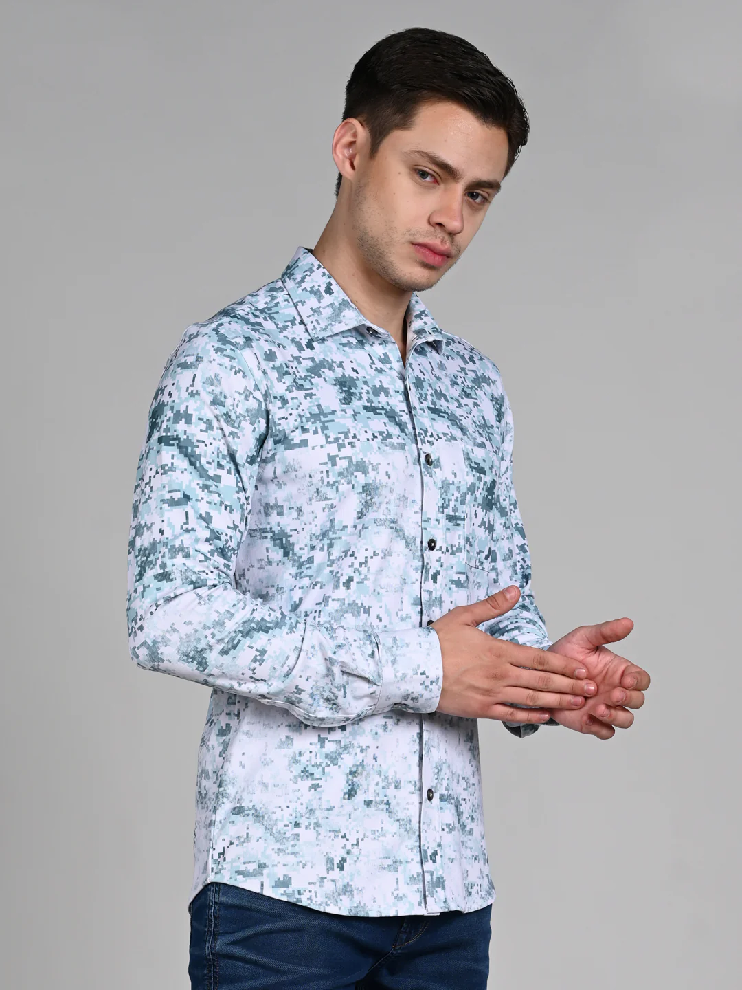 Full Sleeves Slim Fit Green All Over Digital Camou Print Knit Shirt - Image 5