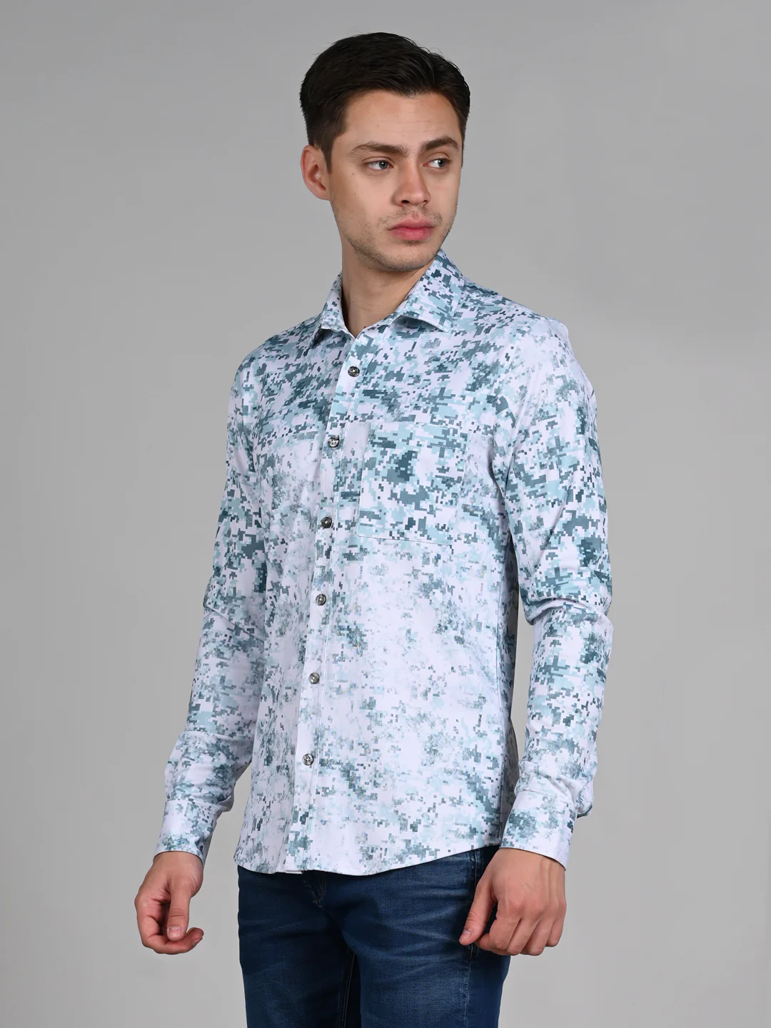 Full Sleeves Slim Fit Green All Over Digital Camou Print Knit Shirt - Image 6