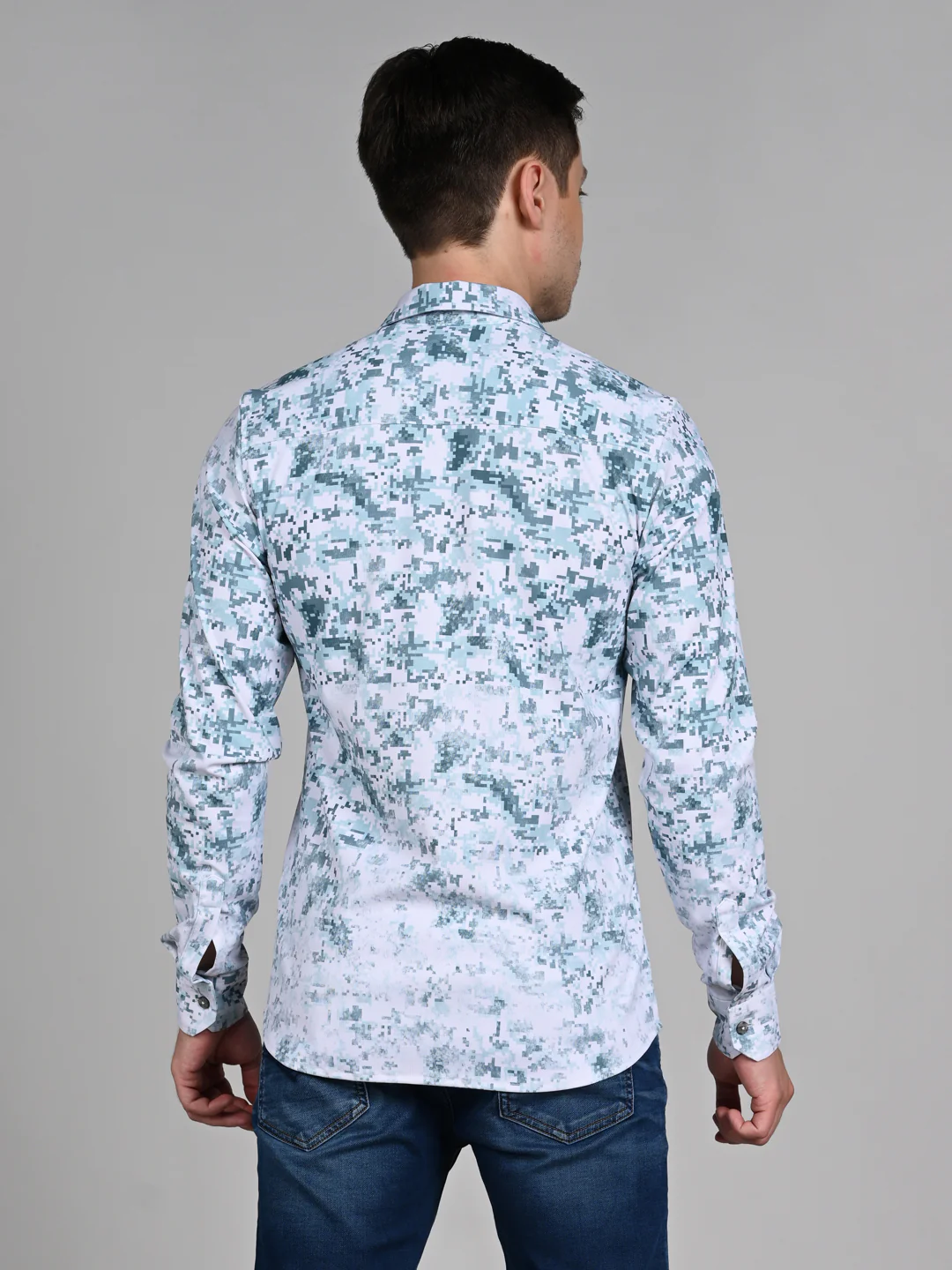 Full Sleeves Slim Fit Green All Over Digital Camou Print Knit Shirt - Image 7
