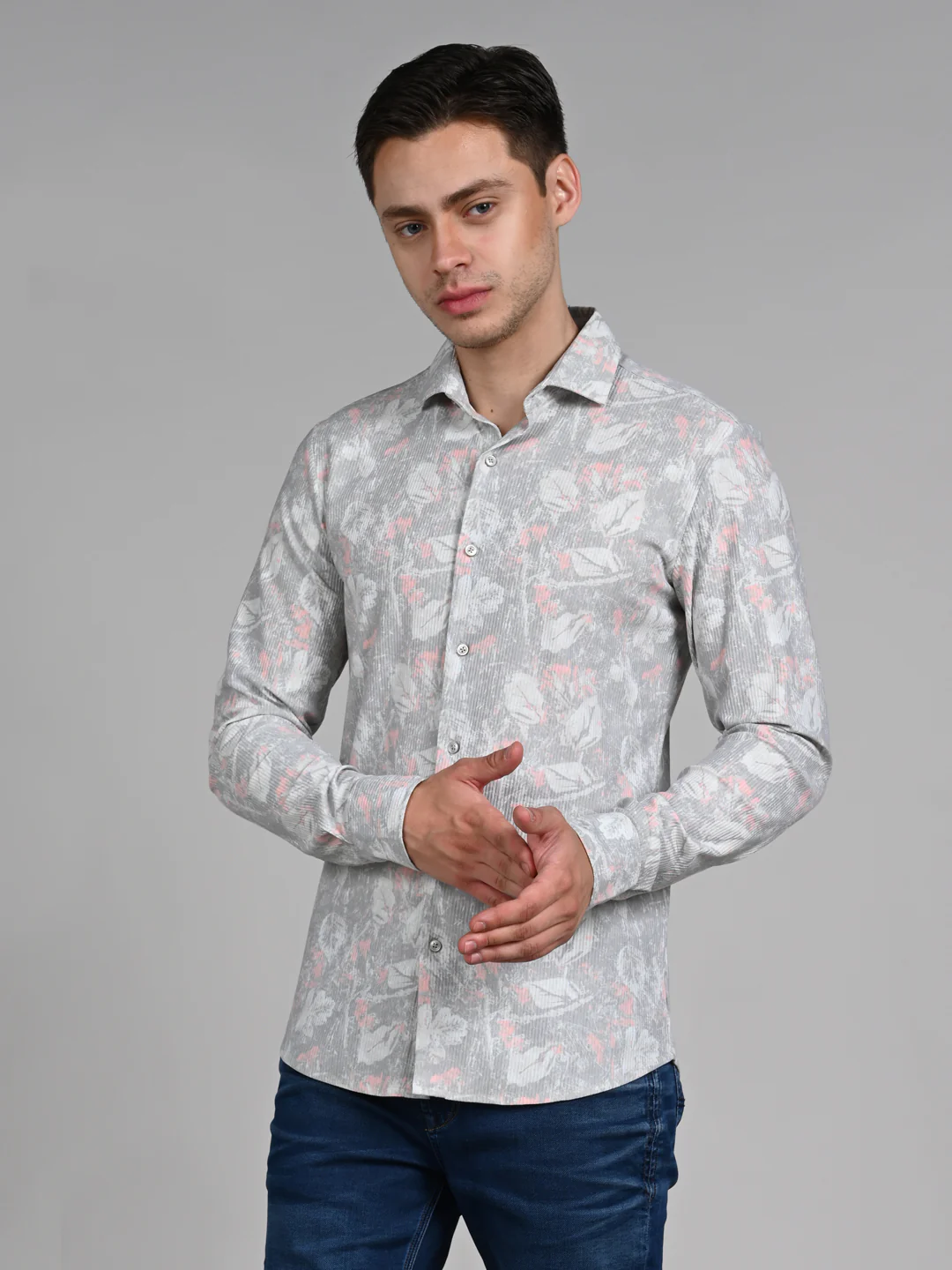 Full Sleeves Slim Fit Green All Over Grunge Floral Print Knit Shirt - Image 6