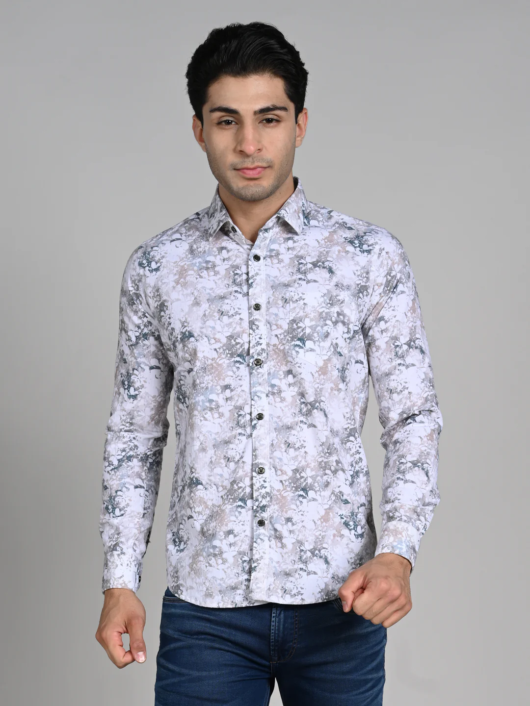 Full Sleeves Slim Fit Green All-Over Grunge Floral Print Shirt - Image 4