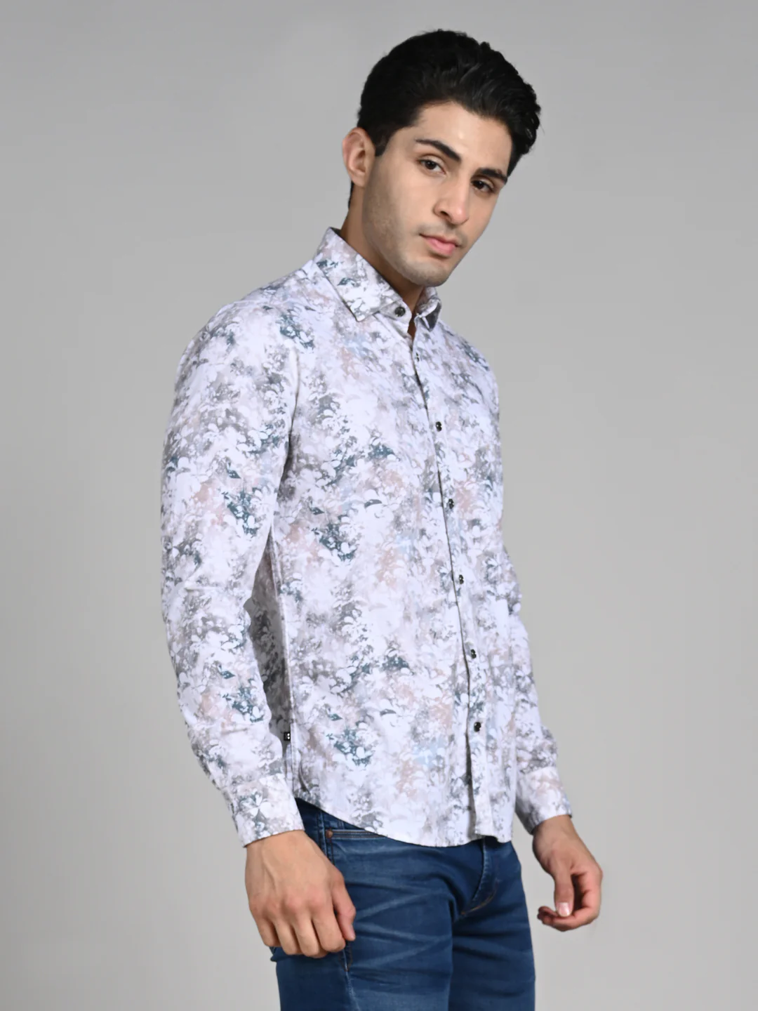 Full Sleeves Slim Fit Green All-Over Grunge Floral Print Shirt - Image 5