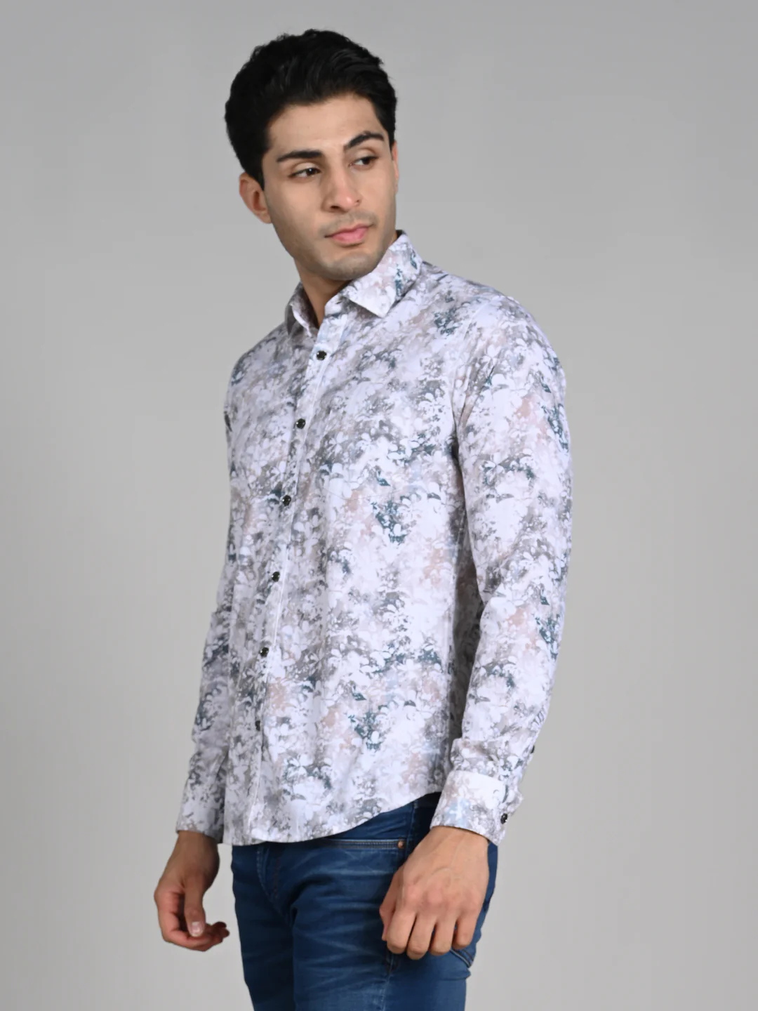 Full Sleeves Slim Fit Green All-Over Grunge Floral Print Shirt - Image 6