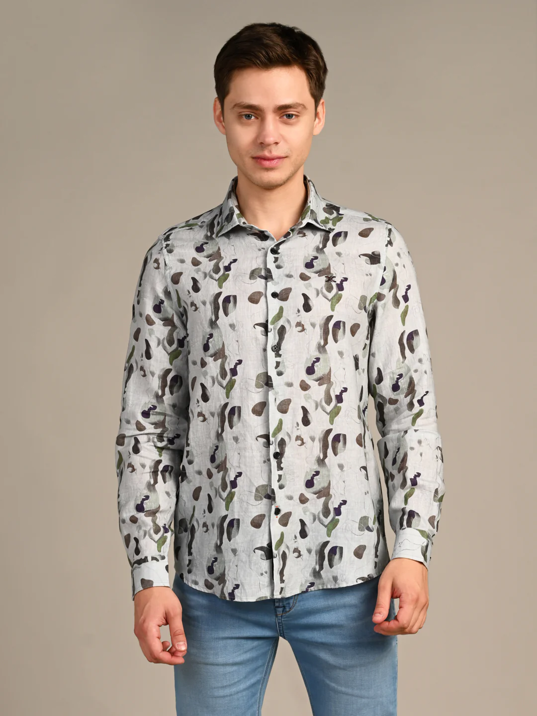 Full Sleeves Straight Fit Dusty All-Over Petal Pure Linen Print Shirt - Image 4