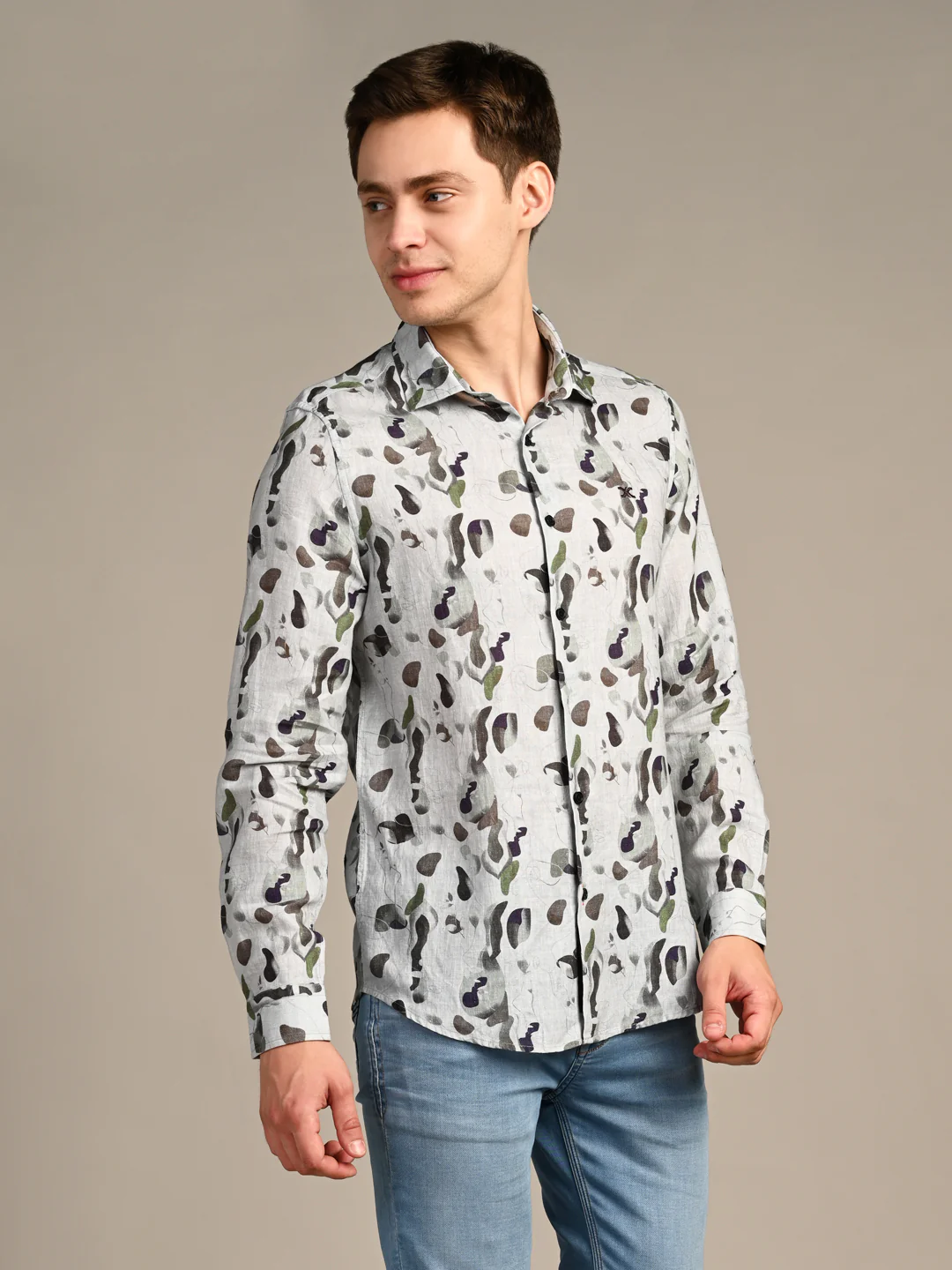 Full Sleeves Straight Fit Dusty All-Over Petal Pure Linen Print Shirt - Image 5