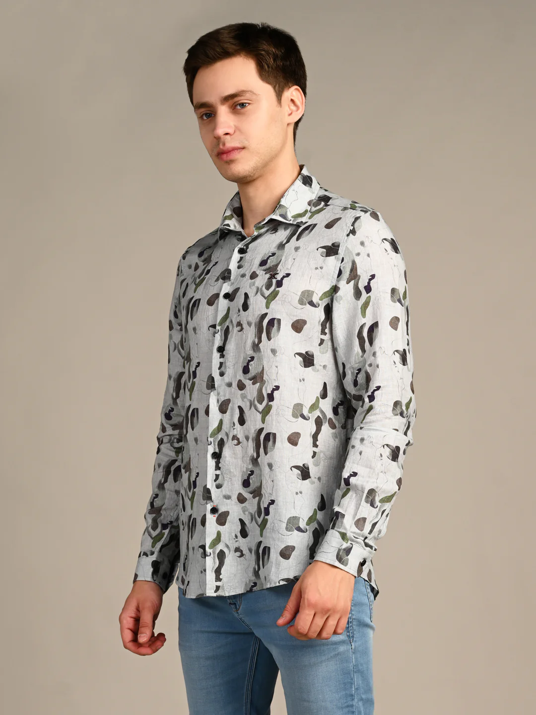 Full Sleeves Straight Fit Dusty All-Over Petal Pure Linen Print Shirt - Image 6