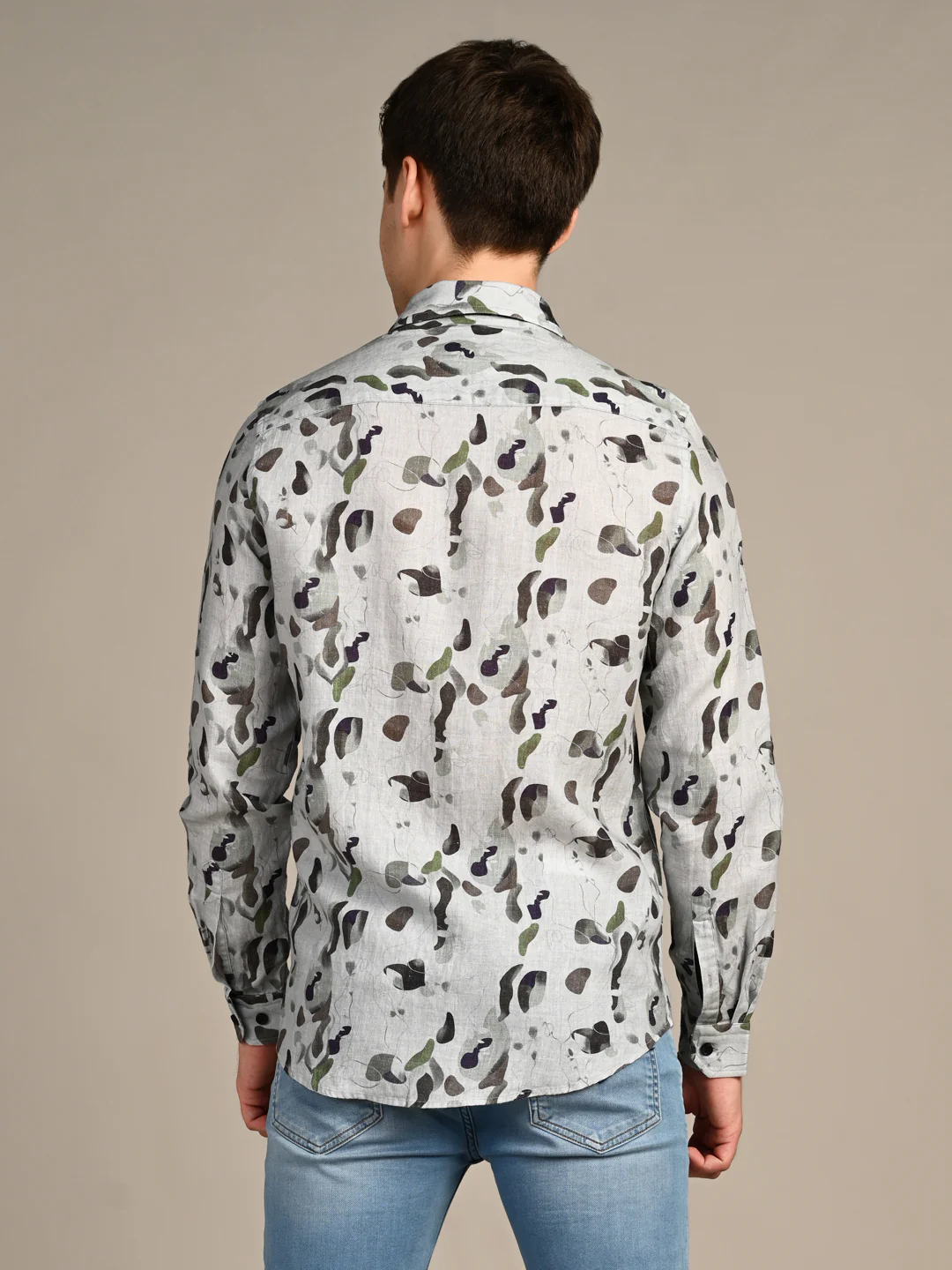 Full Sleeves Straight Fit Dusty All-Over Petal Pure Linen Print Shirt - Image 7