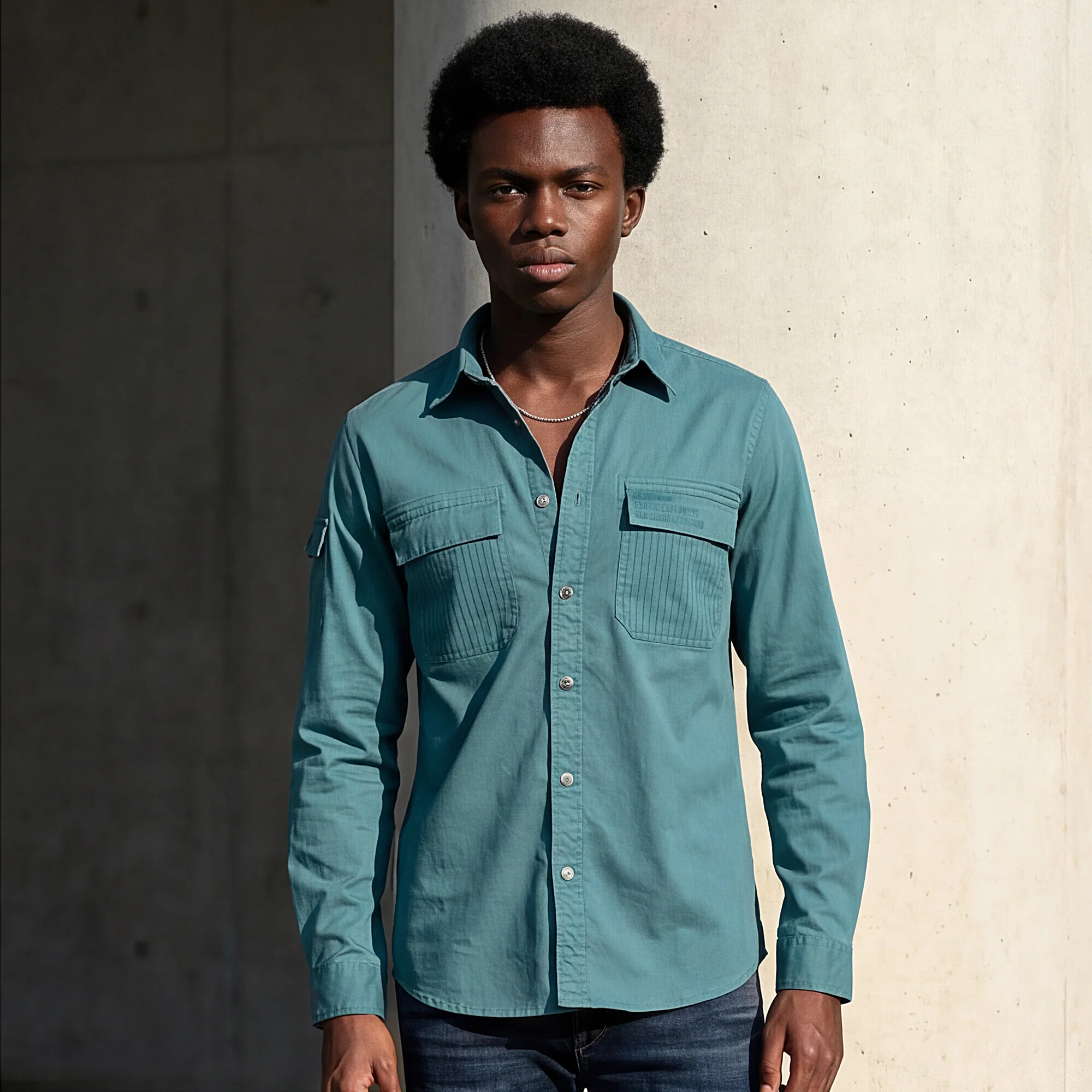 Full Sleeves Straight Fit Slate Emrald Green Heavy Twill Double Pocket Solid Shirt - Image 2