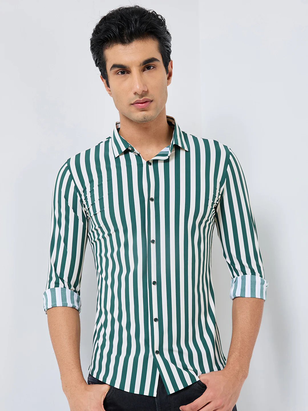 Full Sleeves Slim Fit Green Fine Knit Sail Stripe Shirt - Image 3