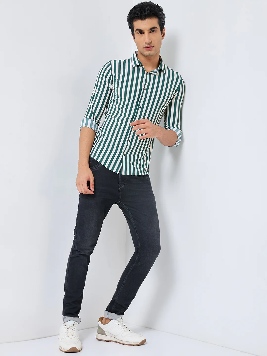 Full Sleeves Slim Fit Green Fine Knit Sail Stripe Shirt - Image 4
