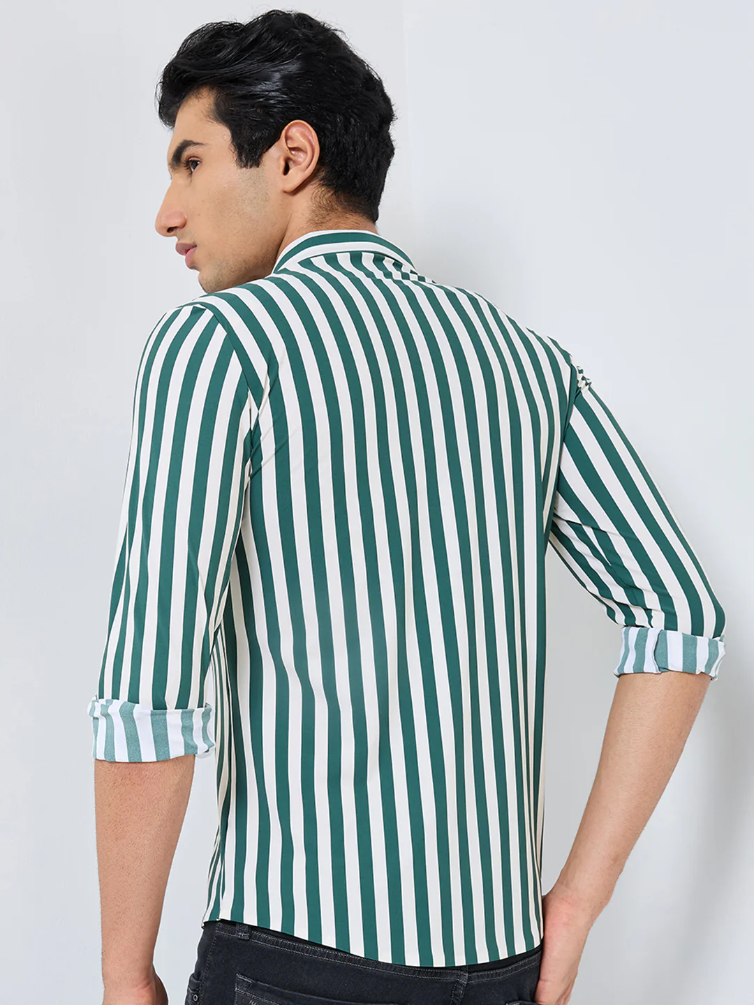 Full Sleeves Slim Fit Green Fine Knit Sail Stripe Shirt - Image 5