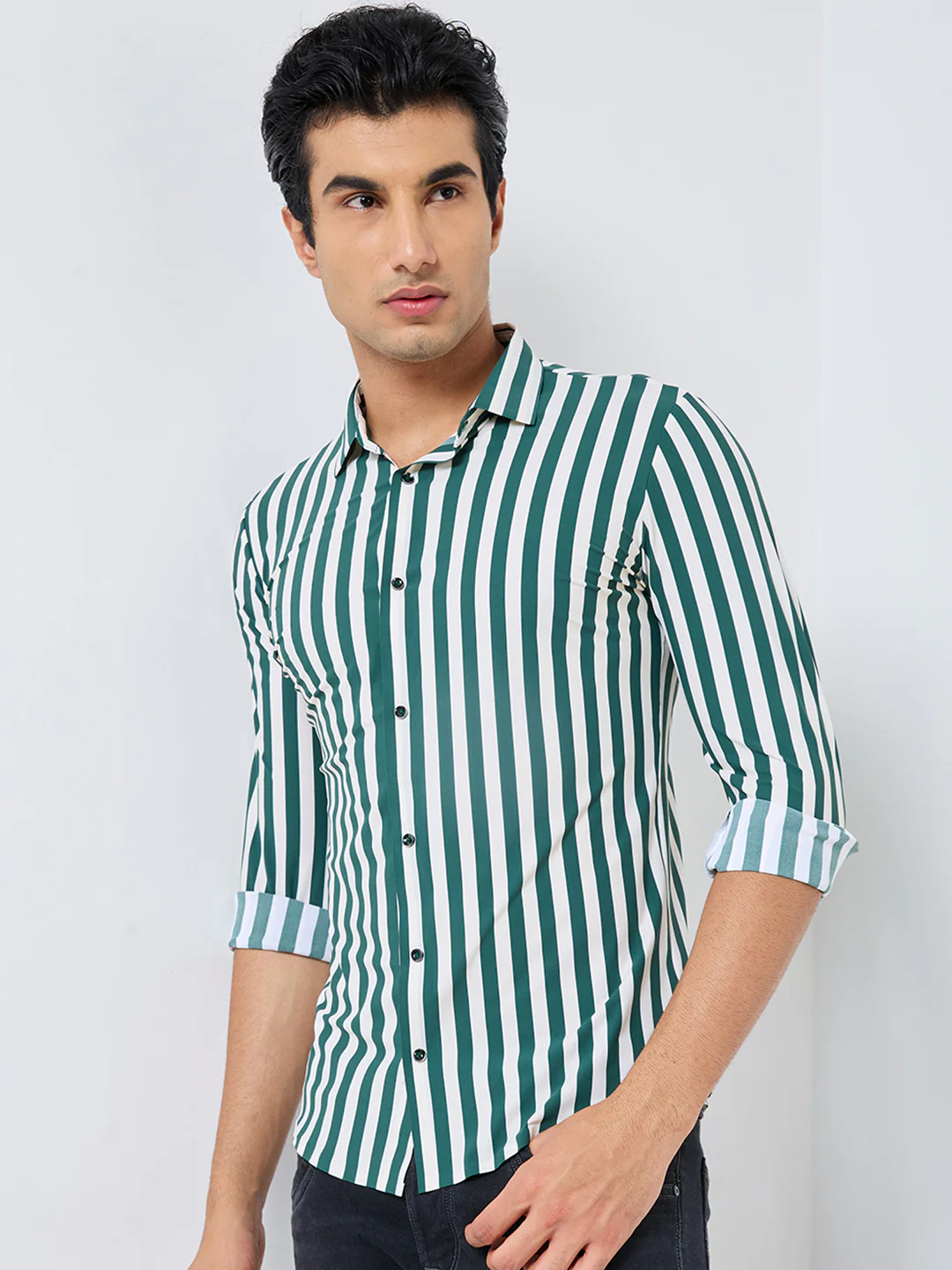 Full Sleeves Slim Fit Green Fine Knit Sail Stripe Shirt - Image 6
