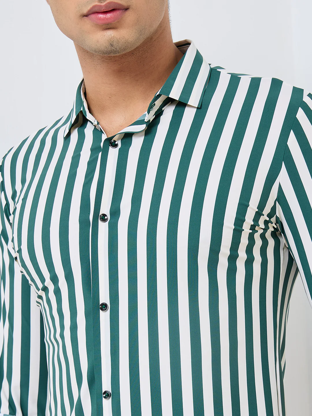Full Sleeves Slim Fit Green Fine Knit Sail Stripe Shirt - Image 7