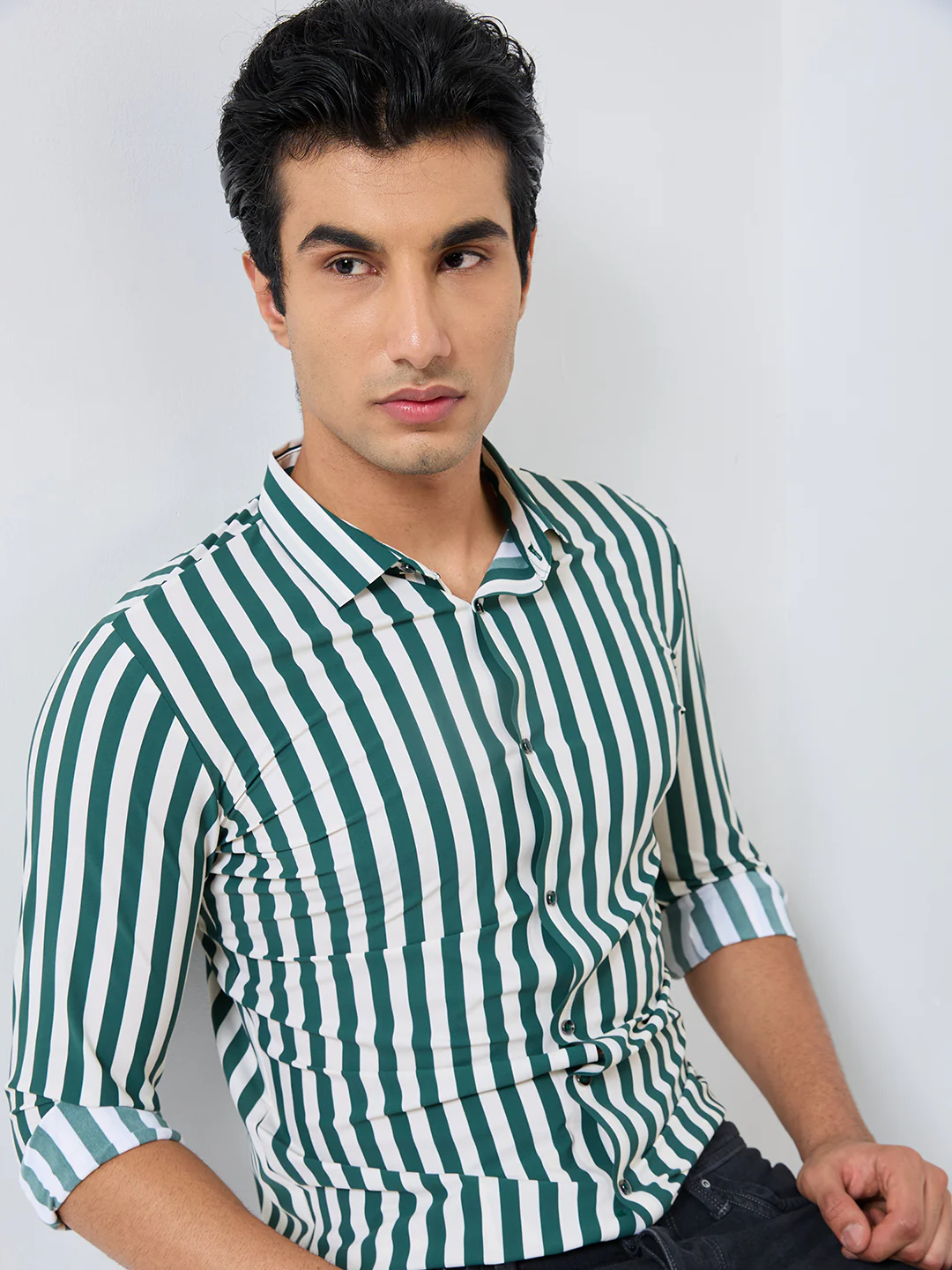 Full Sleeves Slim Fit Green Fine Knit Sail Stripe Shirt - Image 8
