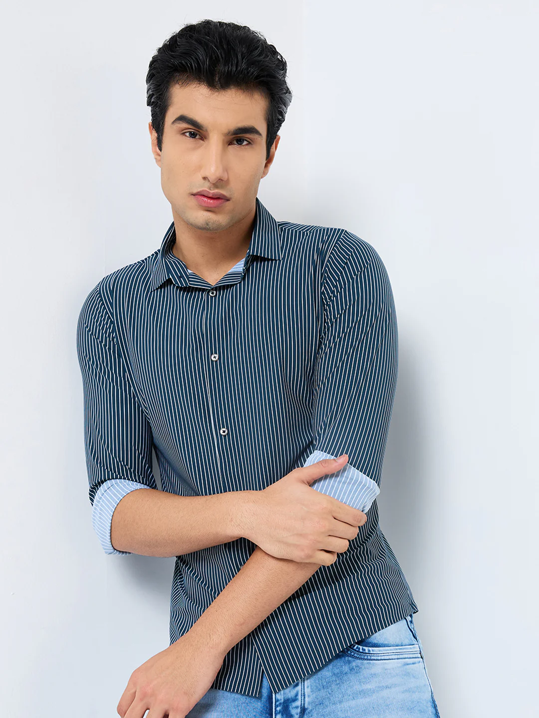 Full Sleeves Slim Fit Olive Fine Knit Stripe Shirt - Image 3