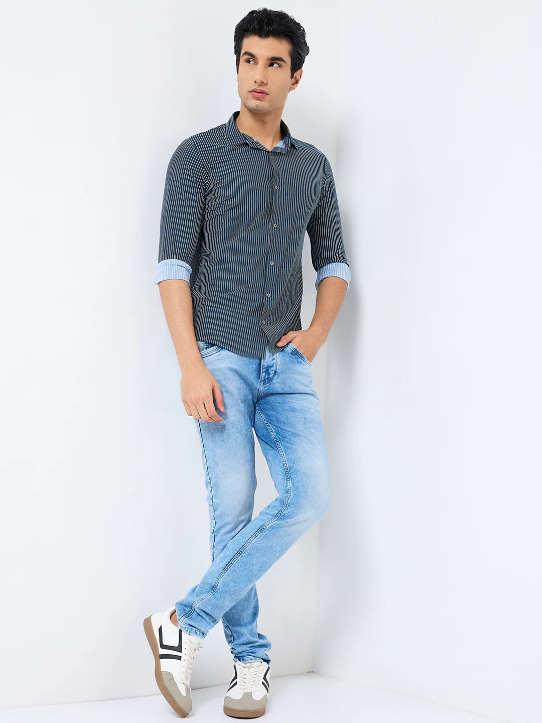 Full Sleeves Slim Fit Olive Fine Knit Stripe Shirt - Image 4
