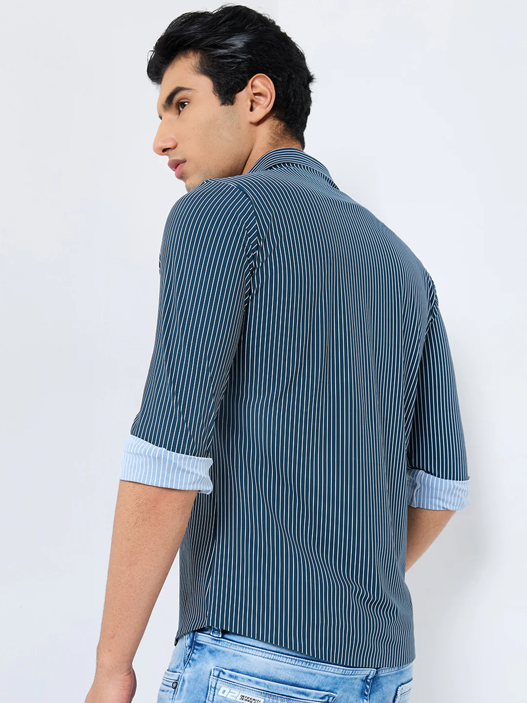 Full Sleeves Slim Fit Olive Fine Knit Stripe Shirt - Image 5