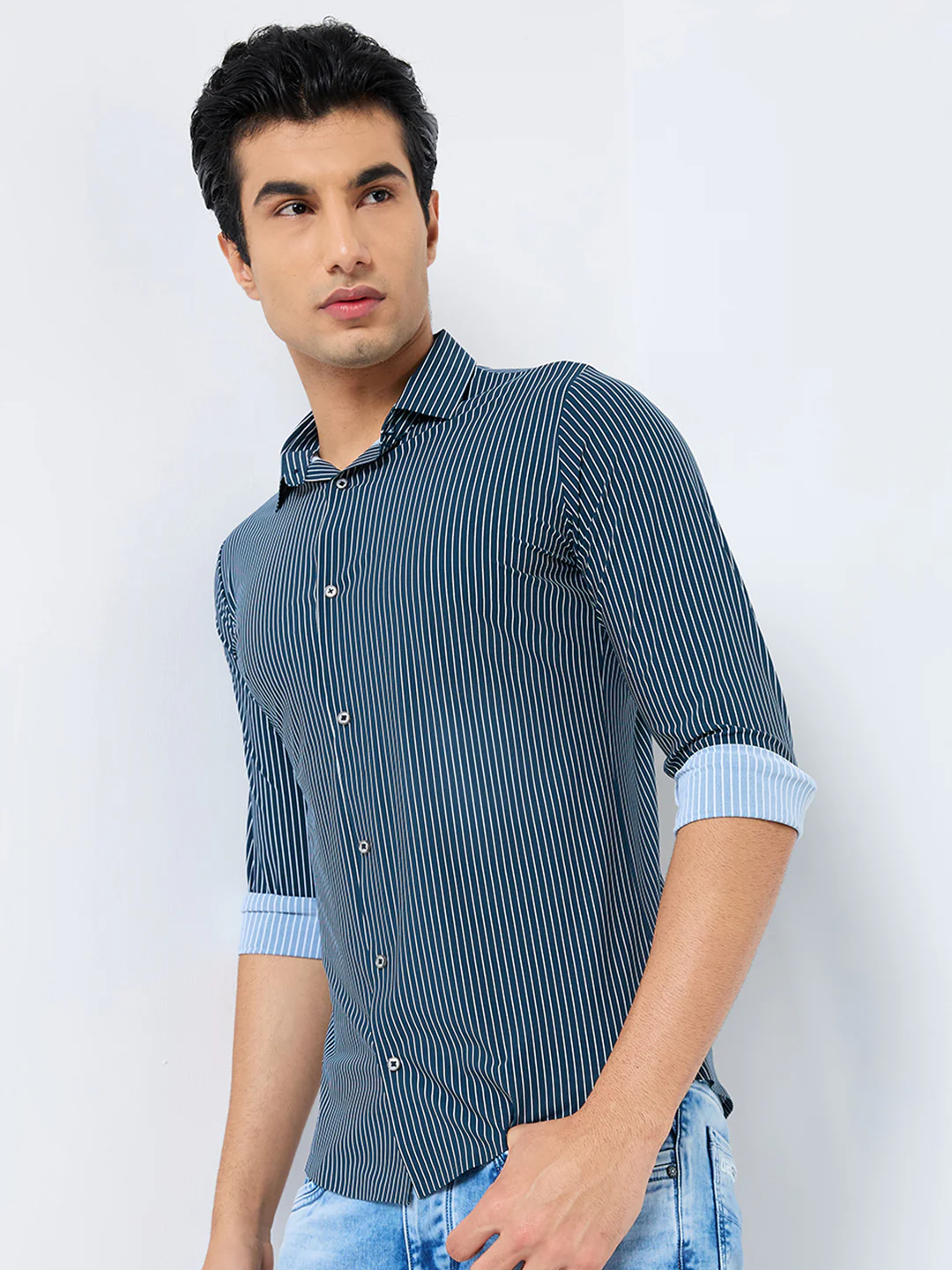 Full Sleeves Slim Fit Olive Fine Knit Stripe Shirt - Image 6