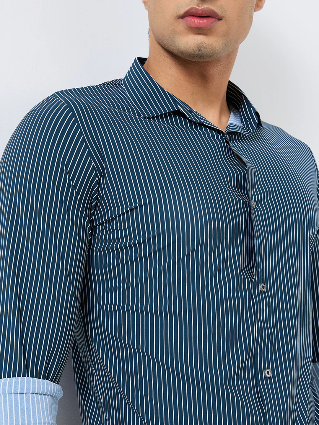 Full Sleeves Slim Fit Olive Fine Knit Stripe Shirt - Image 7