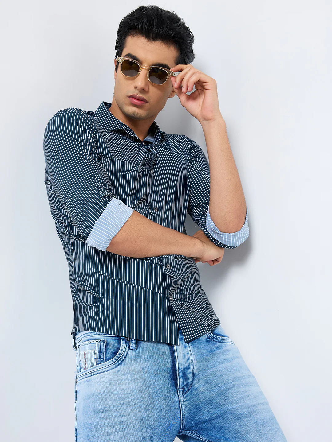 Full Sleeves Slim Fit Olive Fine Knit Stripe Shirt - Image 8