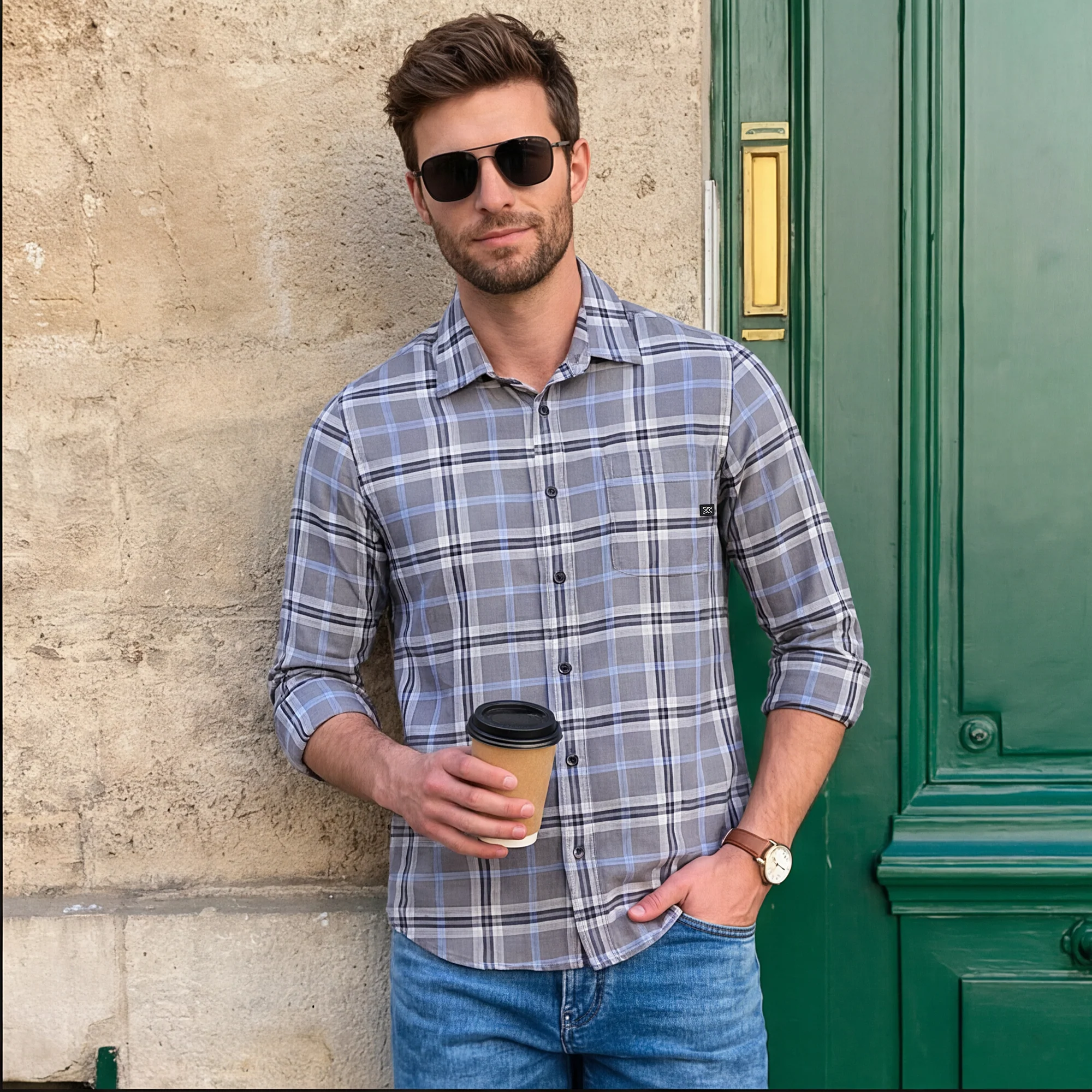 Full Sleeves Slim Fit Grey Structure Checks Shirt - Image 2