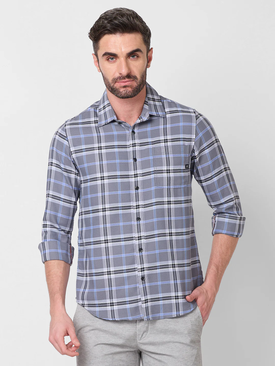 Full Sleeves Slim Fit Grey Structure Checks Shirt - Image 3
