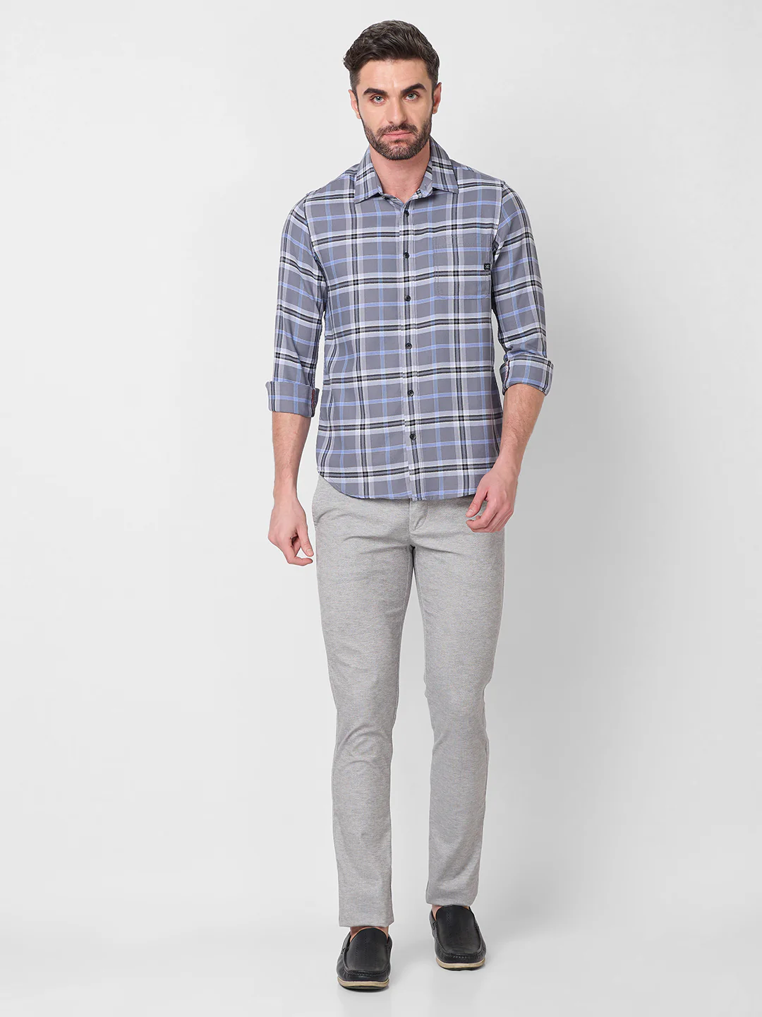 Full Sleeves Slim Fit Grey Structure Checks Shirt - Image 4