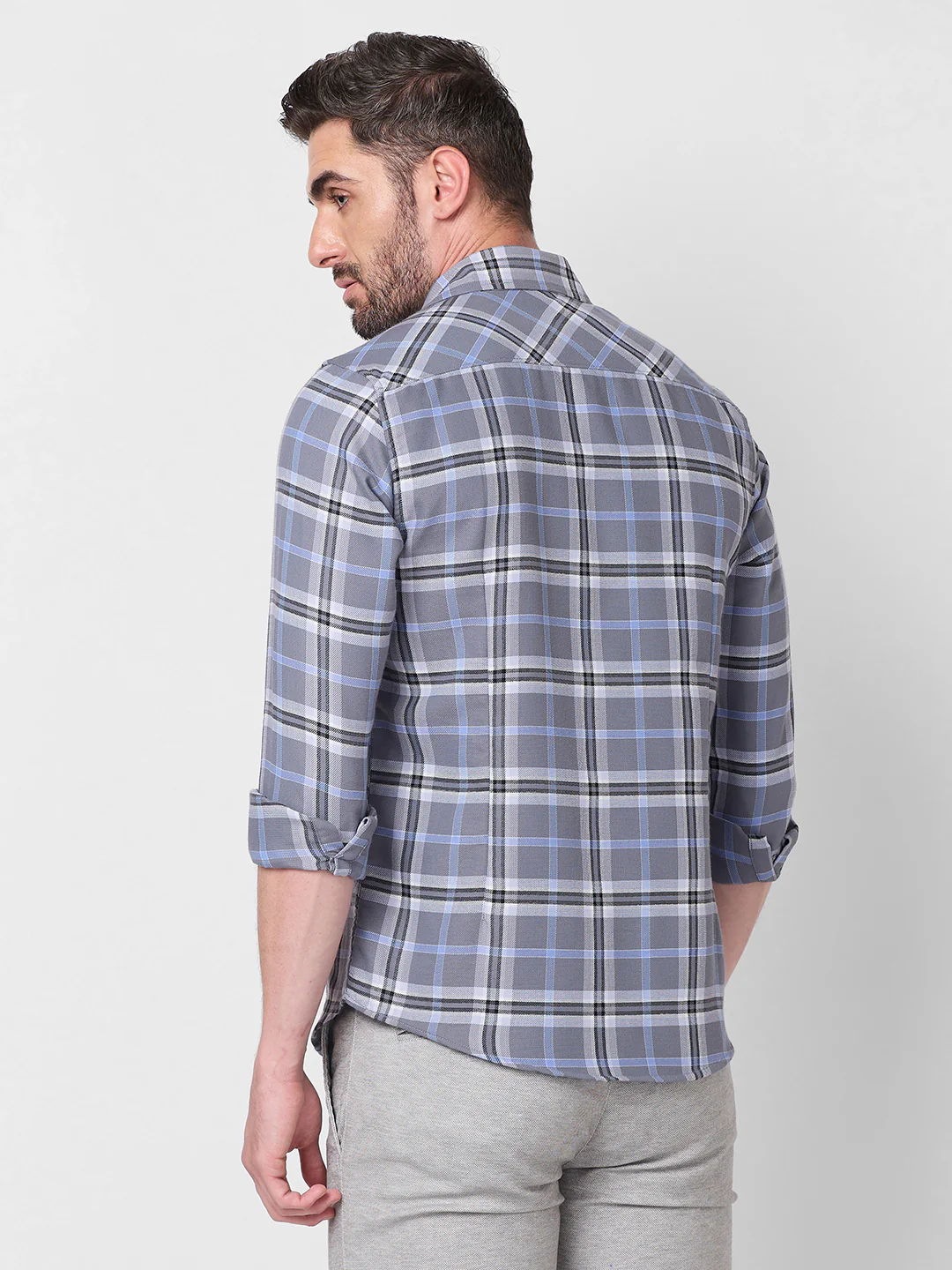 Full Sleeves Slim Fit Grey Structure Checks Shirt - Image 5