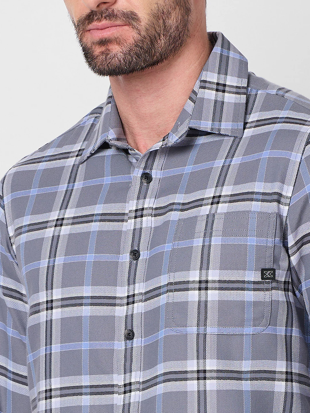 Full Sleeves Slim Fit Grey Structure Checks Shirt - Image 7