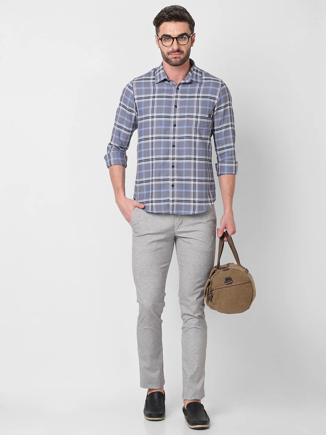 Full Sleeves Slim Fit Grey Structure Checks Shirt - Image 8