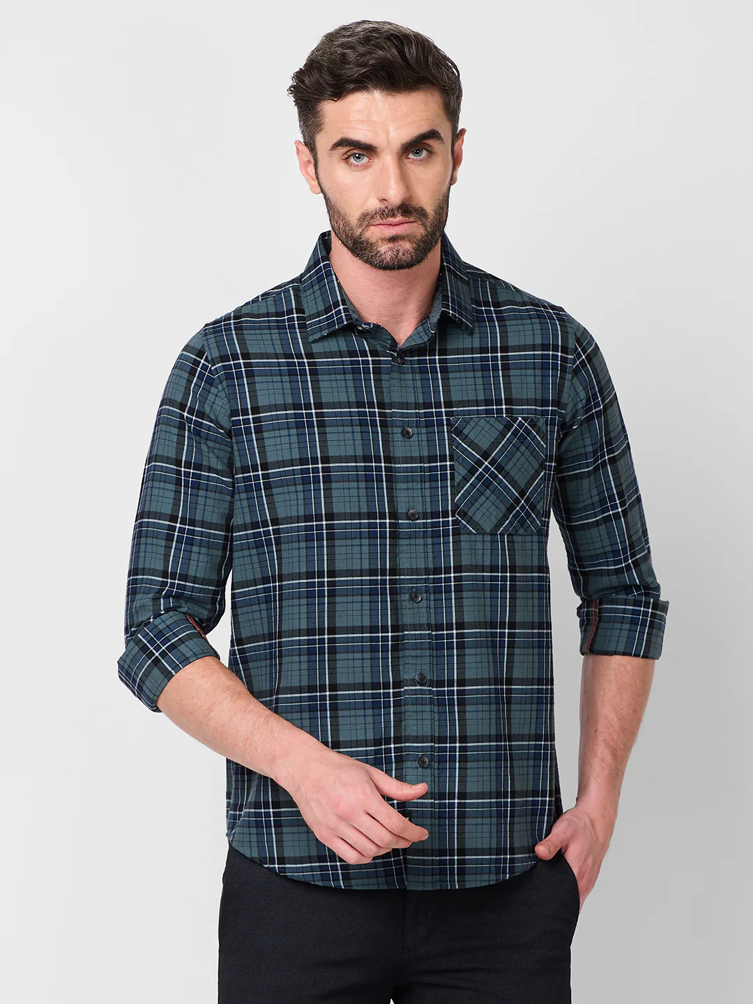 Full Sleeves Slim Fit Grey Dobby Structure Checks Shirt - Image 3