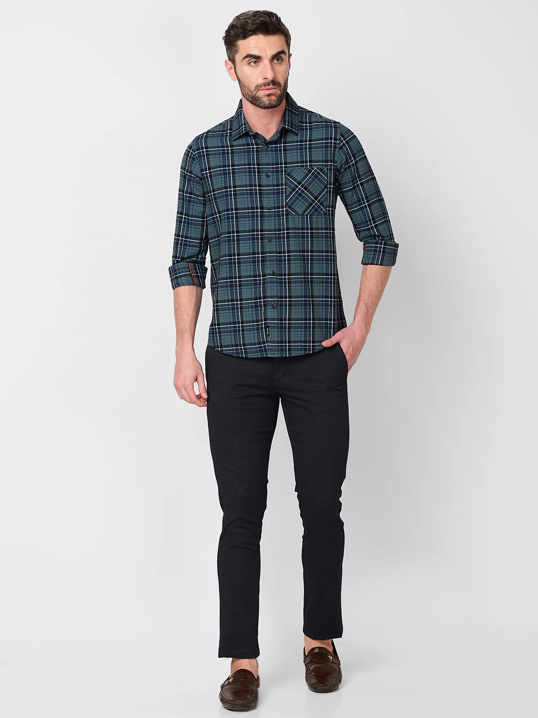 Full Sleeves Slim Fit Grey Dobby Structure Checks Shirt - Image 4