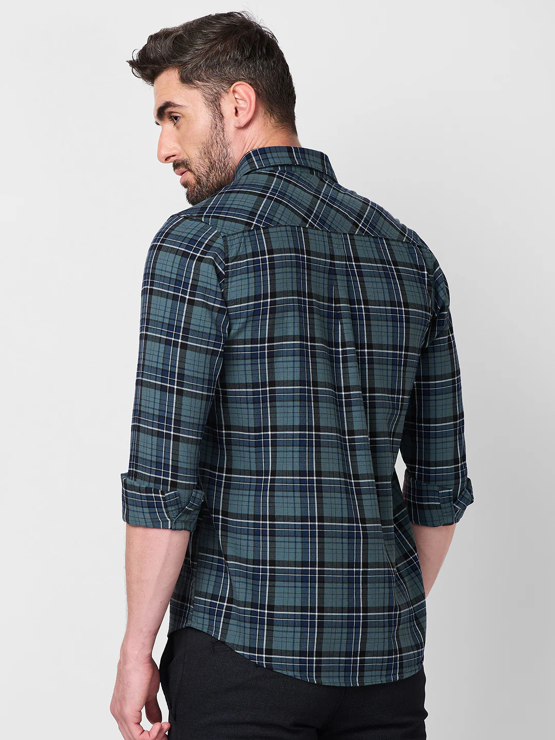 Full Sleeves Slim Fit Grey Dobby Structure Checks Shirt - Image 5