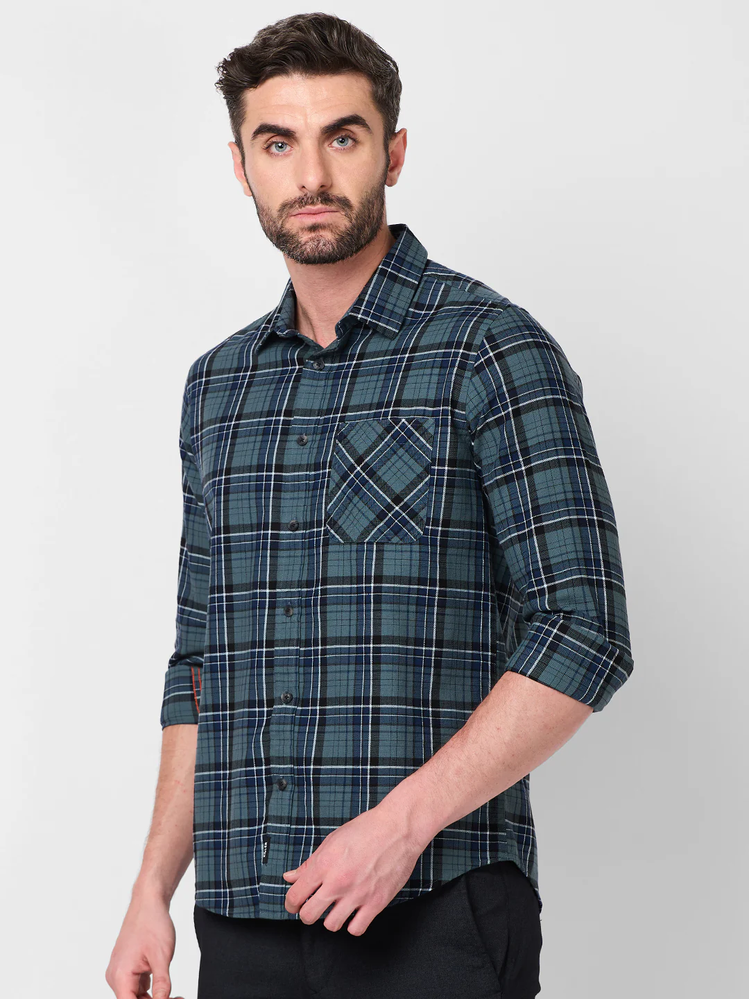 Full Sleeves Slim Fit Grey Dobby Structure Checks Shirt - Image 6