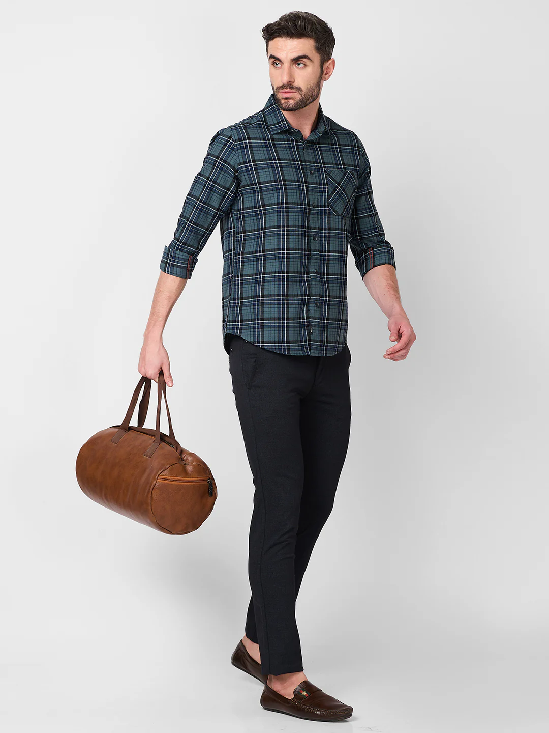 Full Sleeves Slim Fit Grey Dobby Structure Checks Shirt - Image 8