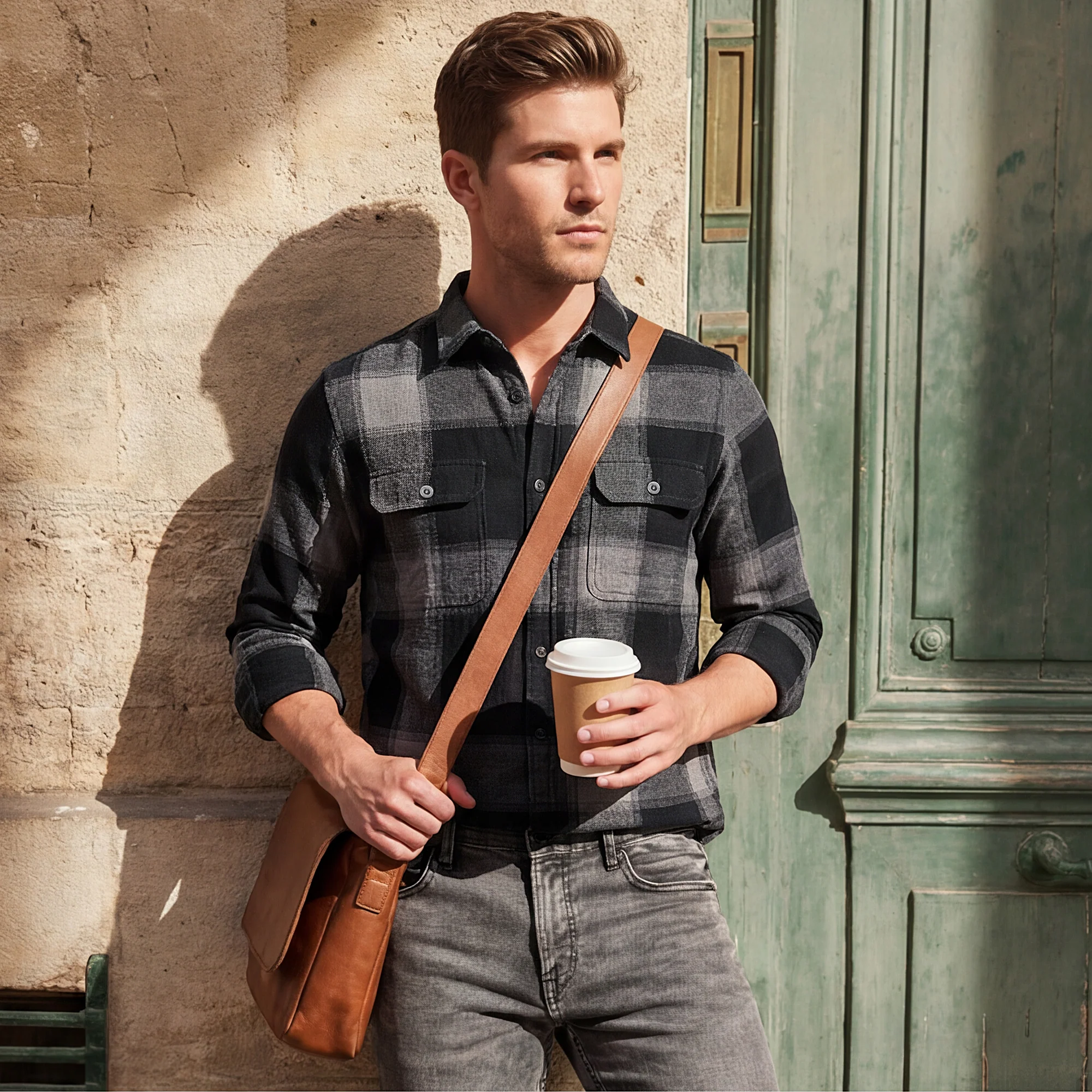 Full Sleeves Slim Fit Grey Heavy Structure Double Pocket Checks Shirt - Image 2