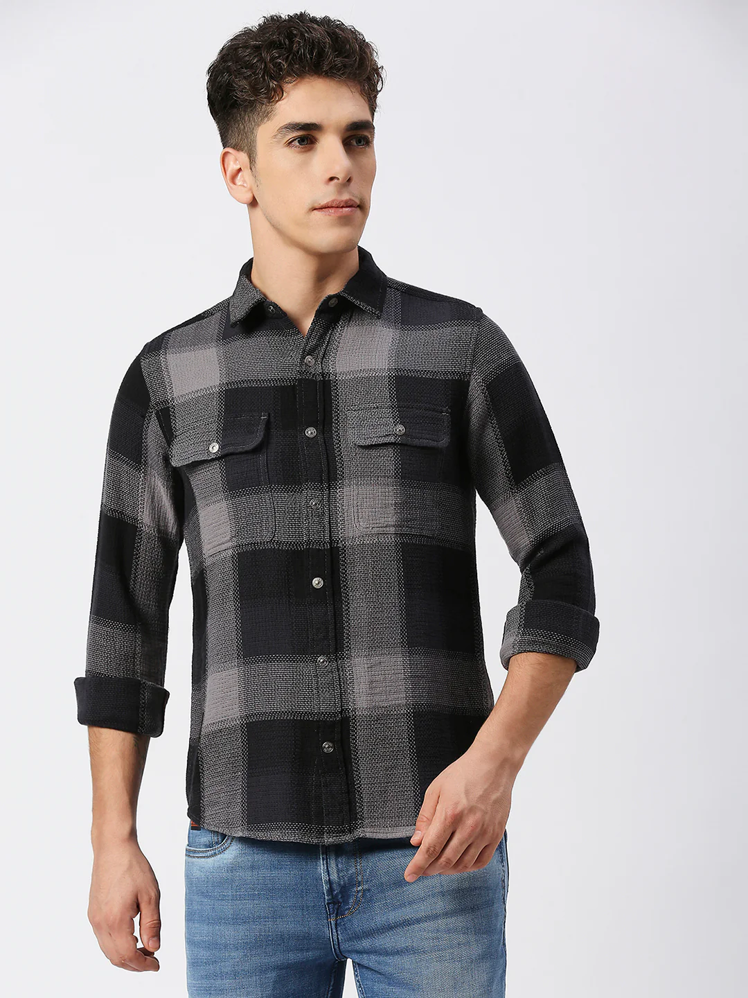 Full Sleeves Slim Fit Grey Heavy Structure Double Pocket Checks Shirt - Image 3