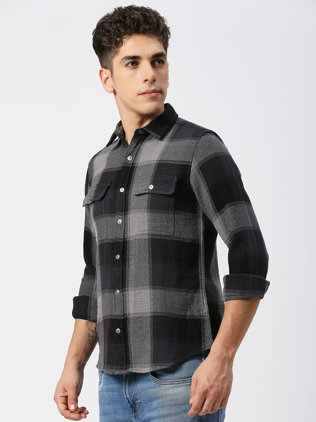 Full Sleeves Slim Fit Grey Heavy Structure Double Pocket Checks Shirt - Image 4