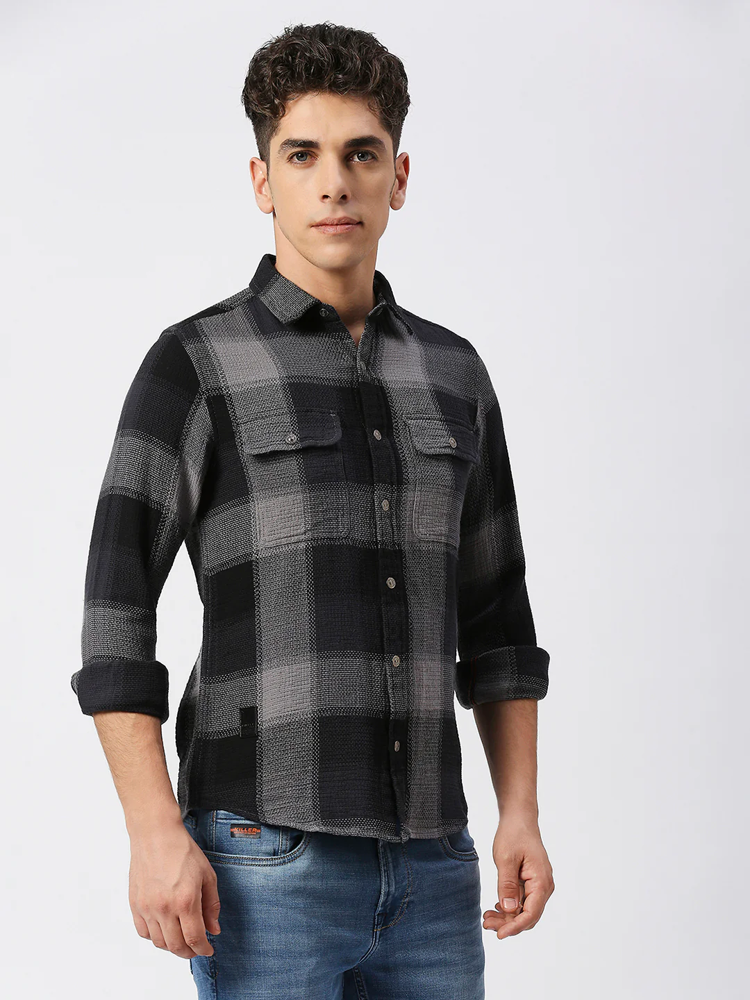 Full Sleeves Slim Fit Grey Heavy Structure Double Pocket Checks Shirt - Image 5