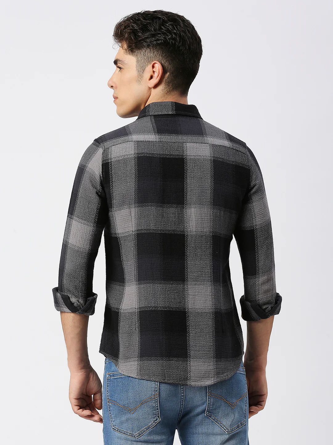 Full Sleeves Slim Fit Grey Heavy Structure Double Pocket Checks Shirt - Image 6