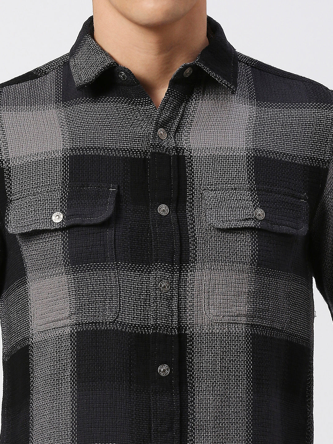 Full Sleeves Slim Fit Grey Heavy Structure Double Pocket Checks Shirt - Image 7